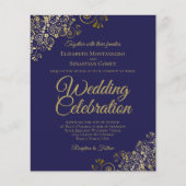 Gold Lace on Navy Blue BUDGET Wedding Invitation (Front)