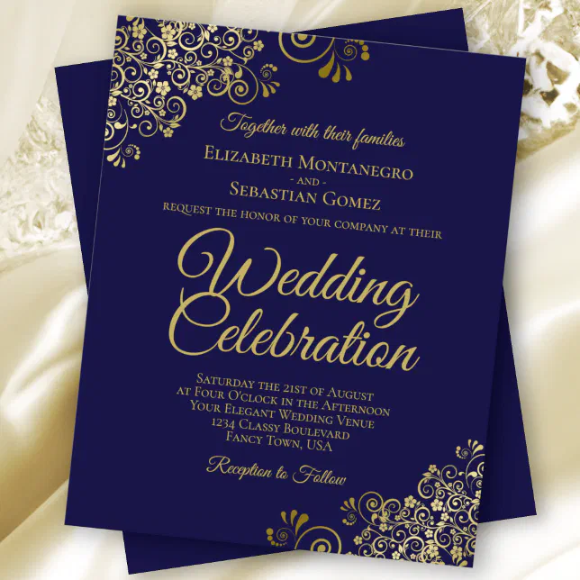 Gold Lace on Navy Blue BUDGET Wedding Invitation | Zazzle