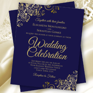 Gold Lace on Navy Blue BUDGET Wedding Invitation