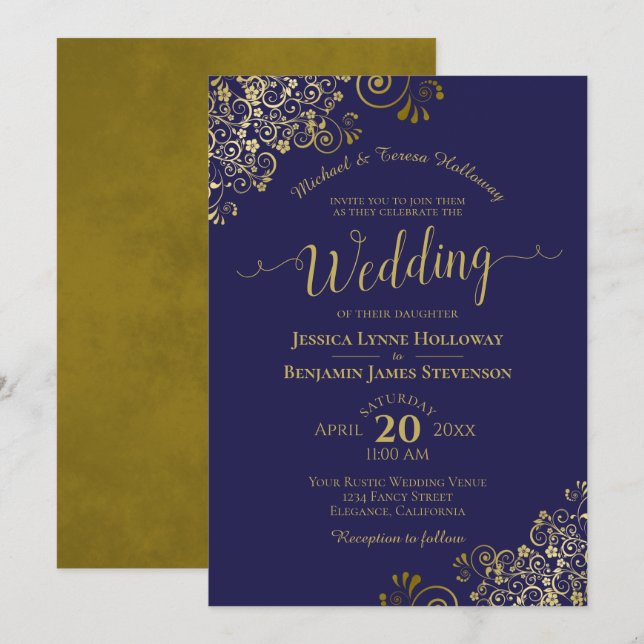 Gold Lace on Navy Blue Elegant Formal Wedding Invitation (Front/Back)