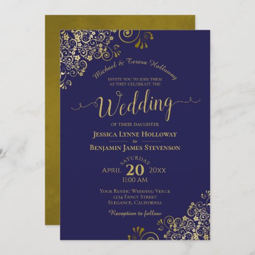 Gold Lace on Navy Blue Elegant Formal Wedding Invitation