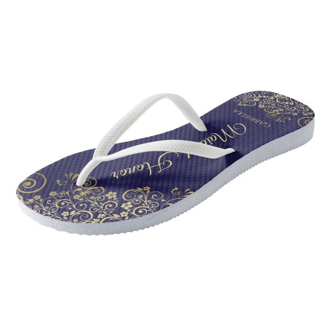 Gold Lace on Navy Blue Maid of Honor Wedding Flip Flops (Angled)