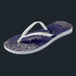 Gold Lace on Navy Blue The Bride Wedding Flip Flops<br><div class="desc">Dance the night away with these beautiful wedding flip flops. Designed for the bride, they feature a simple yet elegant design with gold colored script lettering on a navy blue colored background and fancy golden lace curls and swirls. Beautiful way to stay fancy and appropriate while giving your feet a...</div>
