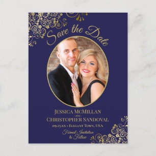 Gold Lace on Navy Wedding Save the Date Oval Photo Announcement Postcard