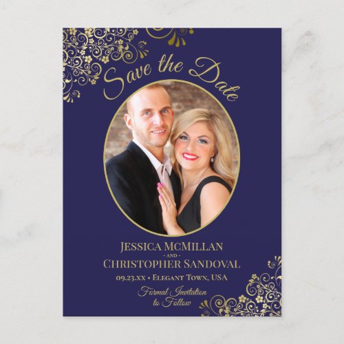 Gold Lace on Navy Wedding Save the Date Oval Photo Announcement Postcard