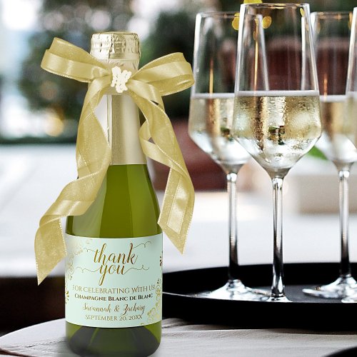Gold Lace on Neo Mint Green Wedding Thank You Mini Sparkling Wine Label