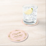 Gold Lace on Pale Blush Pink Elegant Wedding Round Paper Coaster<br><div class="desc">These beautiful wedding coasters feature a simple yet elegant design with a golden faux foil lace border on a pale blush pink colored background. There is gold script lettering with the couple's names and the wedding date. Wonderful wedding memento or save the date gift.</div>