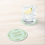 Gold Lace on Pale Mint Green Elegant Wedding Round Paper Coaster<br><div class="desc">These beautiful wedding coasters feature a simple yet elegant design with a golden faux foil lace border on a pale neo mint green colored background. There is gold script lettering with the couple's names and the wedding date. Wonderful wedding memento or save the date gift.</div>