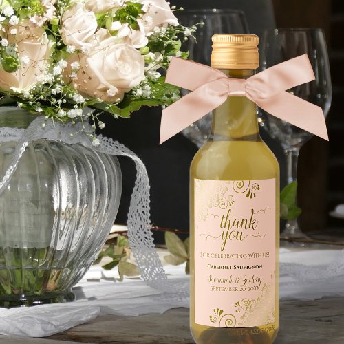 Gold Lace on Peach Orange Wedding Thank You Mini Wine Label