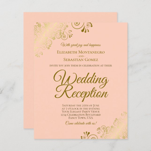 Gold Lace on Peach Wedding Reception BUDGET Invite (Front/Back)