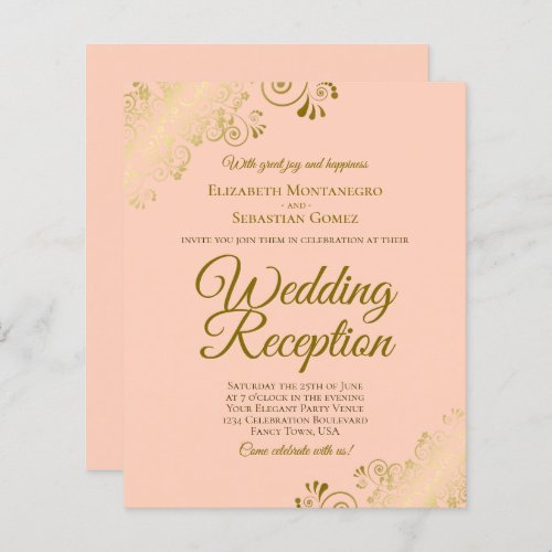 Gold Lace on Peach Wedding Reception BUDGET Invite