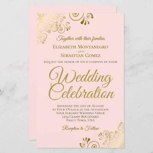 Gold Lace on Pink BUDGET Wedding Invitation Large