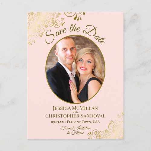 Gold Lace on Pink Wedding Save the Date Oval Photo Announcement Postcard