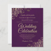 Gold Lace on Plum Purple BUDGET Wedding Invitation (Front)