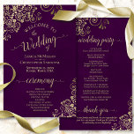 Gold Lace on Plum Purple Budget Wedding Program<br><div class="desc">These wedding programs are elegant and tasteful, while still being budget friendly. The design features ornate golden faux foil lace with gold text on a dark plum purple background. The typography features lacy script calligraphy, and there is room for details on the ceremony, the bridal party, and a short thank...</div>