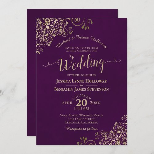 Gold Lace on Plum Purple Elegant Formal Wedding Invitation
