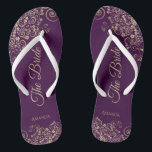 Gold Lace on Plum Purple Elegant The Bride Wedding Flip Flops<br><div class="desc">Dance the night away with these beautiful wedding flip flops. Designed for the bride, they feature a simple yet elegant design with gold colored script lettering on a plum purple colored background and fancy golden lace curls and swirls. Beautiful way to stay fancy and appropriate while giving your feet a...</div>