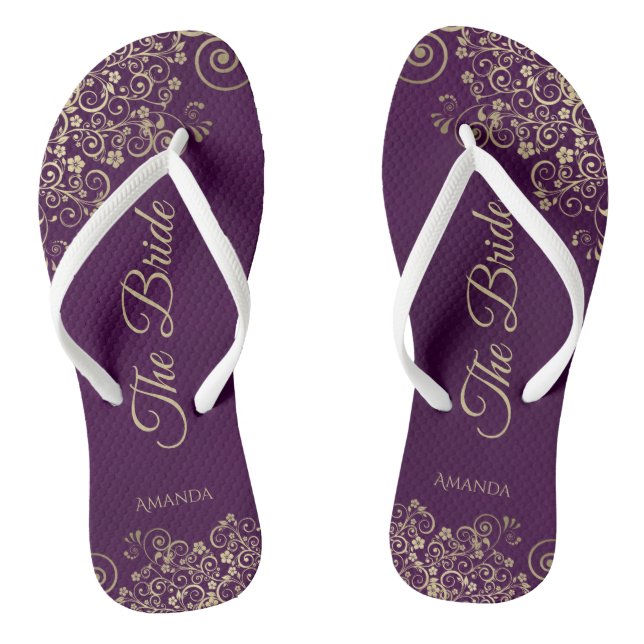 Gold Lace on Plum Purple Elegant The Bride Wedding Flip Flops (Footbed)