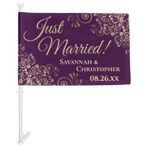 Gold Lace on Plum Purple Just Married Wedding Car Flag
