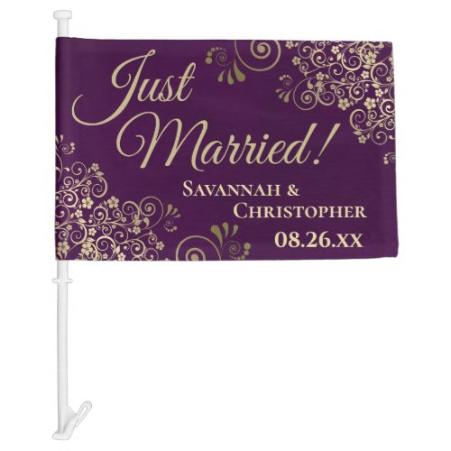 Gold Lace on Plum Purple Just Married Wedding Car Flag