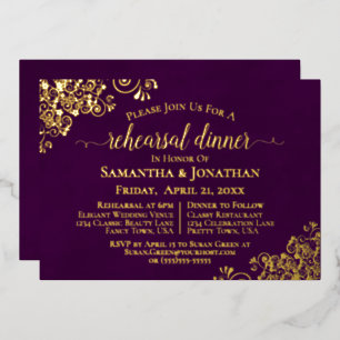 Gold Lace on Plum Purple Wedding Rehearsal Dinner Foil Invitation
