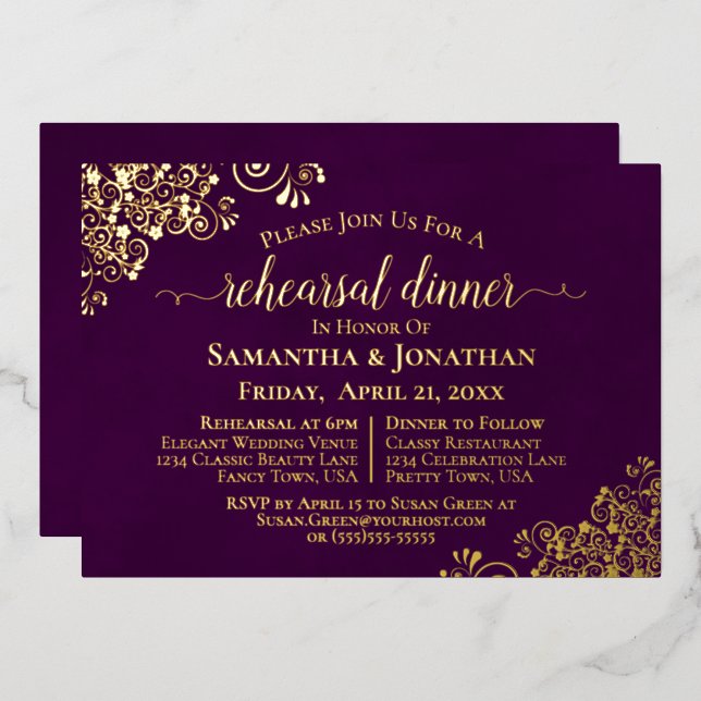 Gold Lace on Plum Purple Wedding Rehearsal Dinner Foil Invitation (Front/Back)