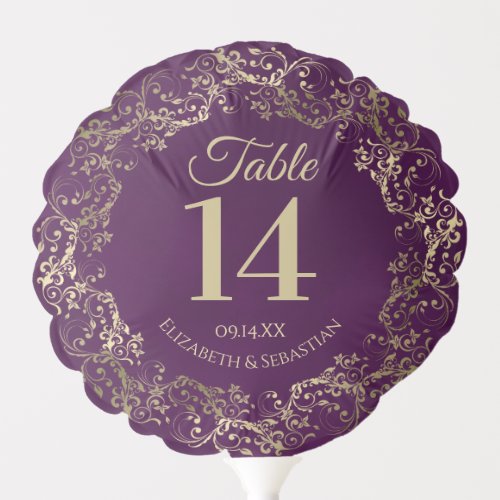 Gold Lace on Plum Purple Wedding Table Number Balloon