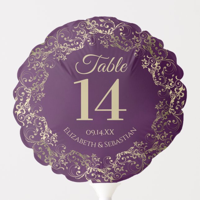 Gold Lace on Plum Purple Wedding Table Number Balloon (Front)