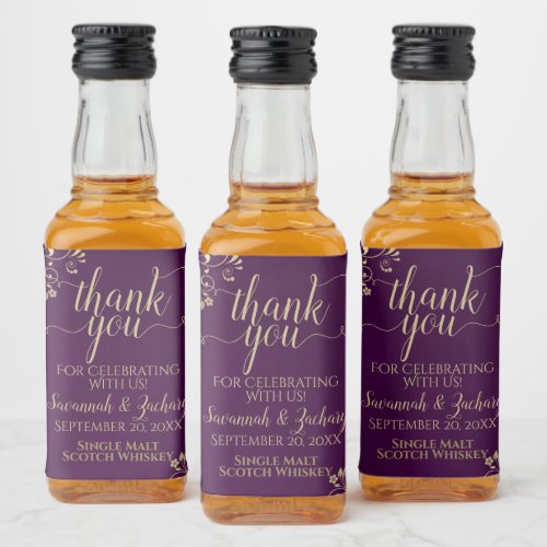 Gold Lace on Plum Purple Wedding Thank You Mini Liquor Bottle Label