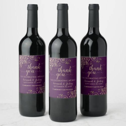 Gold Lace on Plum Purple Wedding Thank You Wine Label