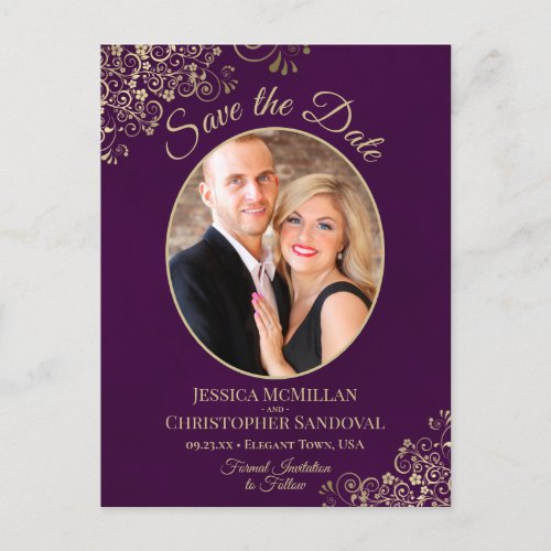 Gold Lace on Plum Wedding Save the Date Oval Photo Announcement Postcard