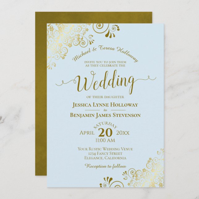 Gold Lace on Powder Blue Elegant Formal Wedding Invitation (Front/Back)
