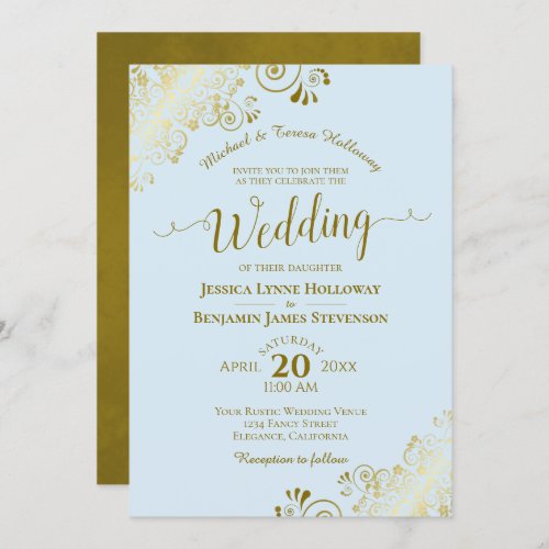 Gold Lace on Powder Blue Elegant Formal Wedding Invitation