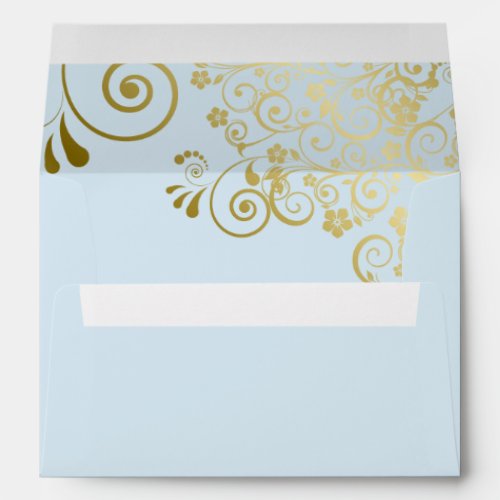 Gold Lace on Powder Blue Elegant Wedding Envelope