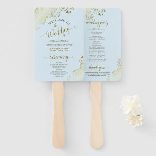 Gold Lace on Powder Blue Elegant Wedding Program Hand Fan
