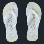 Gold Lace on Powder Blue The Bride Elegant Wedding Flip Flops<br><div class="desc">Dance the night away with these beautiful wedding flip flops. Designed for the bride, they feature a simple yet elegant design with gold colored script lettering on a light powder blue background and fancy golden lace curls and swirls. Beautiful way to stay fancy and appropriate while giving your feet a...</div>