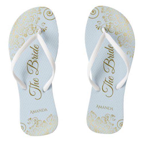 Gold Lace on Powder Blue The Bride Elegant Wedding Flip Flops