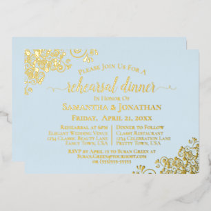 Gold Lace on Powder Blue Wedding Rehearsal Dinner Foil Invitation