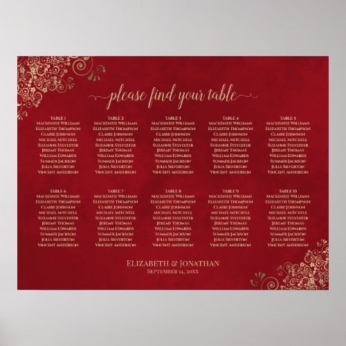 Gold Lace on Red 10 Table Wedding Seating Chart