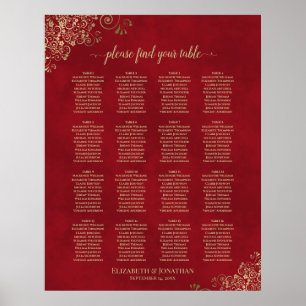 Gold Lace on Red 16 Table Wedding Seating Chart