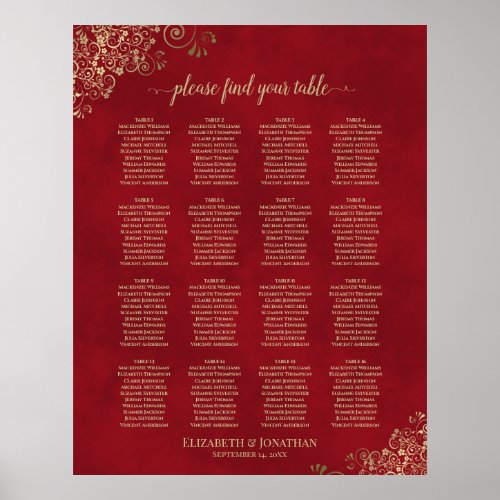 Gold Lace on Red 16 Table Wedding Seating Chart