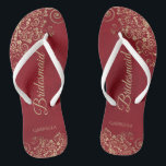 Gold Lace on Red Elegant Bridesmaid Wedding Flip Flops<br><div class="desc">These elegant wedding flip flops are a great way to thank and recognize your bridesmaids, while giving their feet a rest after a long day. The beautiful design features an elegant design with golden lace frills on a crimson red colored background and fancy gold colored script lettering. The text reads...</div>
