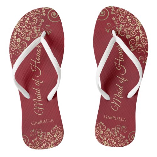 Gold Lace on Red Elegant Maid of Honor Wedding Flip Flops