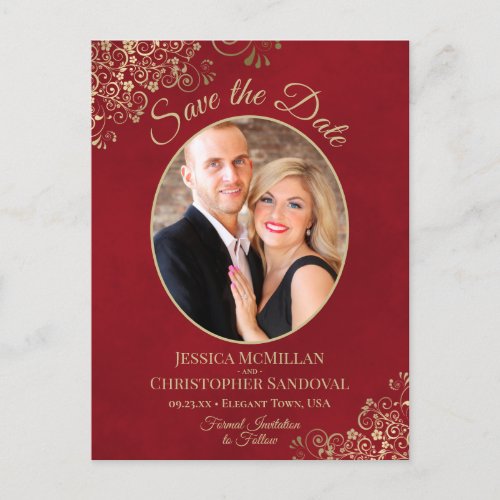 Gold Lace on Red Wedding Save the Date Oval Photo Announcement Postcard