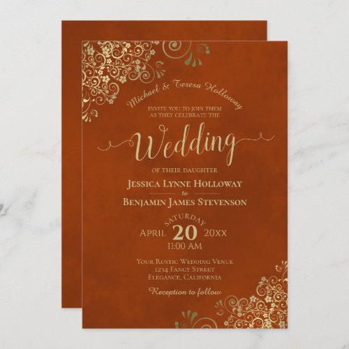 Gold Lace on Rust Orange Elegant Formal Wedding Invitation