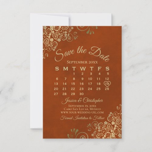Gold Lace on Rust Orange Elegant Wedding Calendar Save The Date