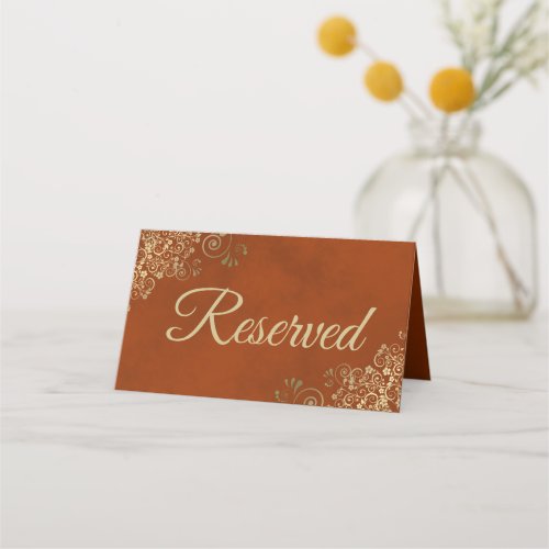 Gold Lace on Rust Orange Elegant Wedding Reserved Place Card