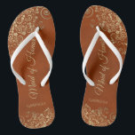 Gold Lace on Rust Orange Maid of Honor Wedding Flip Flops<br><div class="desc">These beautiful wedding flip flops are a great way to thank and recognize your Maid of Honor while saving her feet at the same time. Features an elegant design with golden lace frills on a rust orange or burnt umber colored background and fancy gold colored script lettering. The test reads...</div>