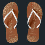 Gold Lace on Rust Orange Maid of Honor Wedding Flip Flops<br><div class="desc">These beautiful wedding flip flops are a great way to thank and recognize your Maid of Honor while saving her feet at the same time. Features an elegant design with golden lace frills on a rust orange or burnt umber colored background and fancy gold colored script lettering. The test reads...</div>