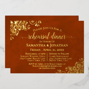 Gold Lace on Rust Orange Wedding Rehearsal Dinner Foil Invitation